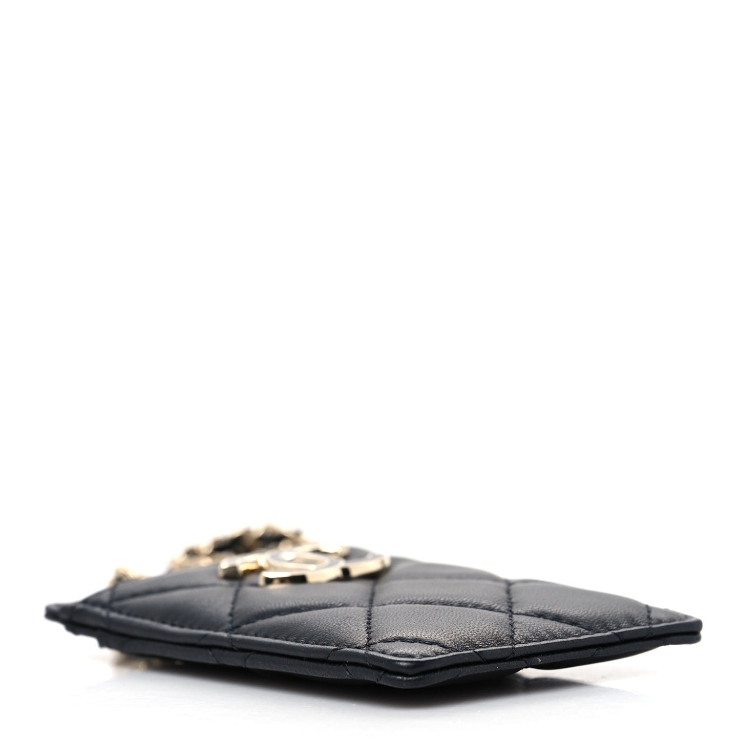 Lambskin Quilted Glitter Card Holder On Chain Black