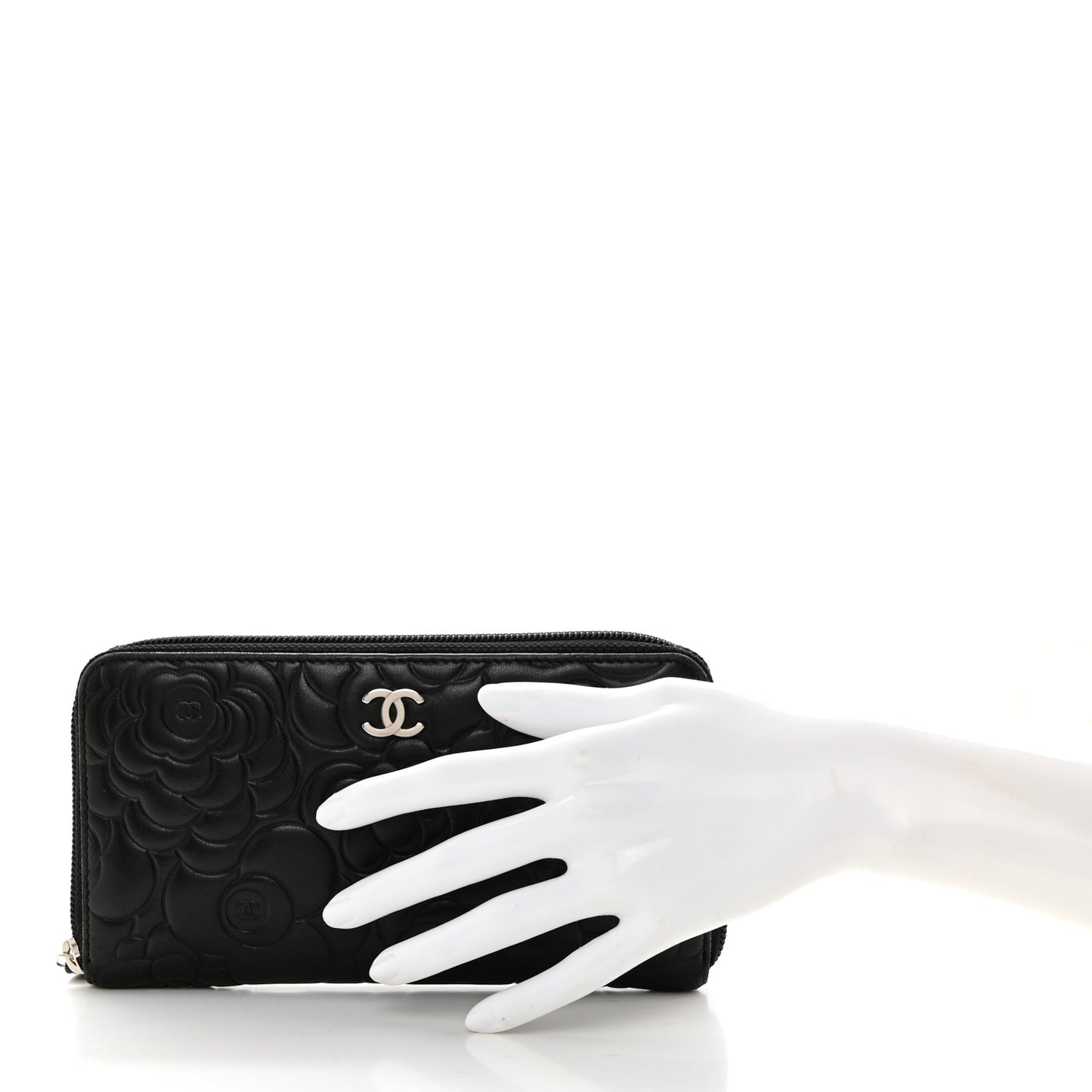 Lambskin Camellia Embossed Zip Around Gusset Wallet Black