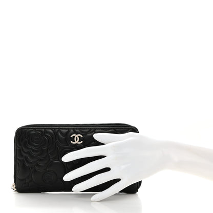 Chanel Lambskin Camellia Embossed Zip Around Gusset Wallet Black 2 of 9