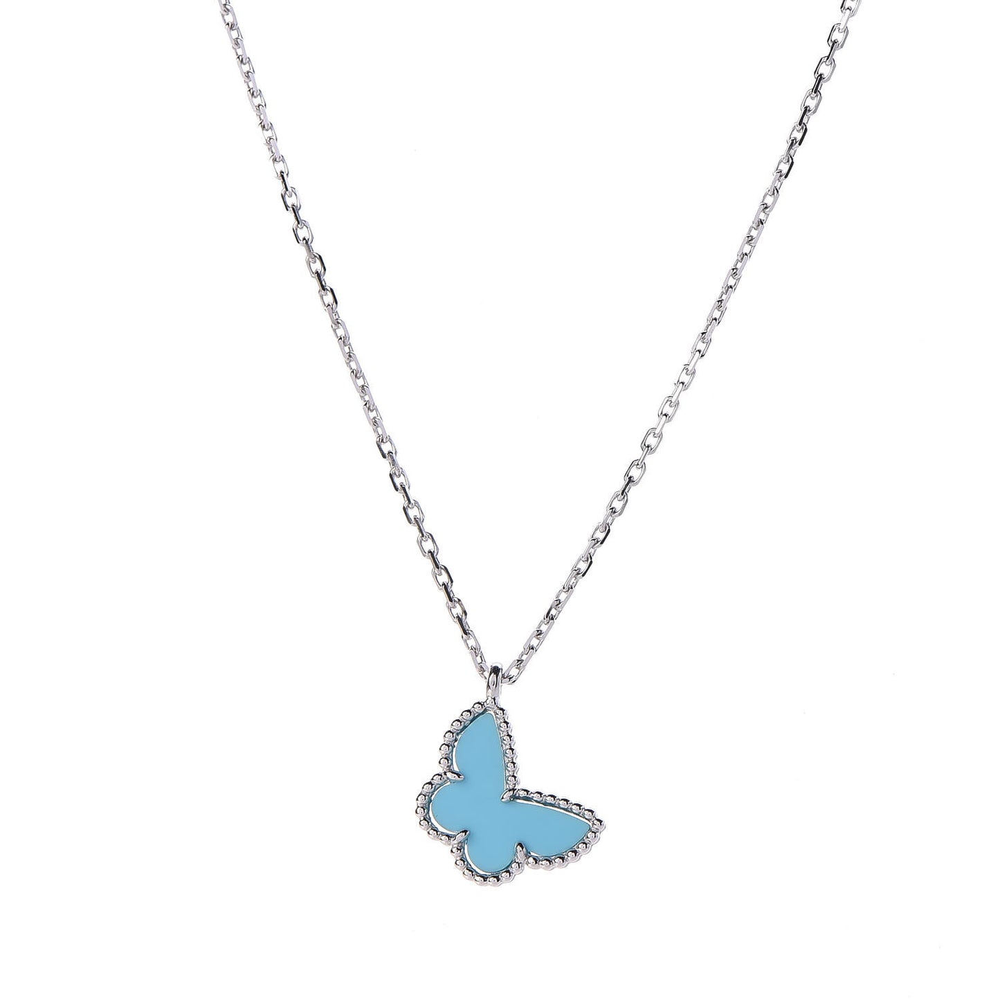 18K White Gold Turquoise Sweet Alhambra Butterfly Pendant Necklace