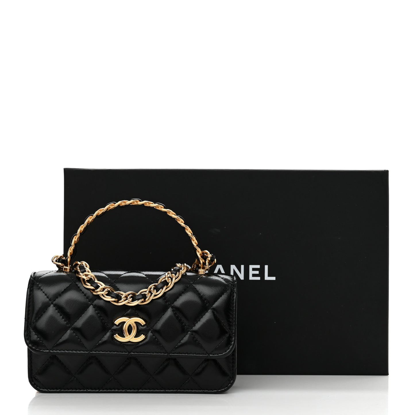 Shiny Lambskin Quilted Golden Links Top Handle Phone Holder With Chain Black