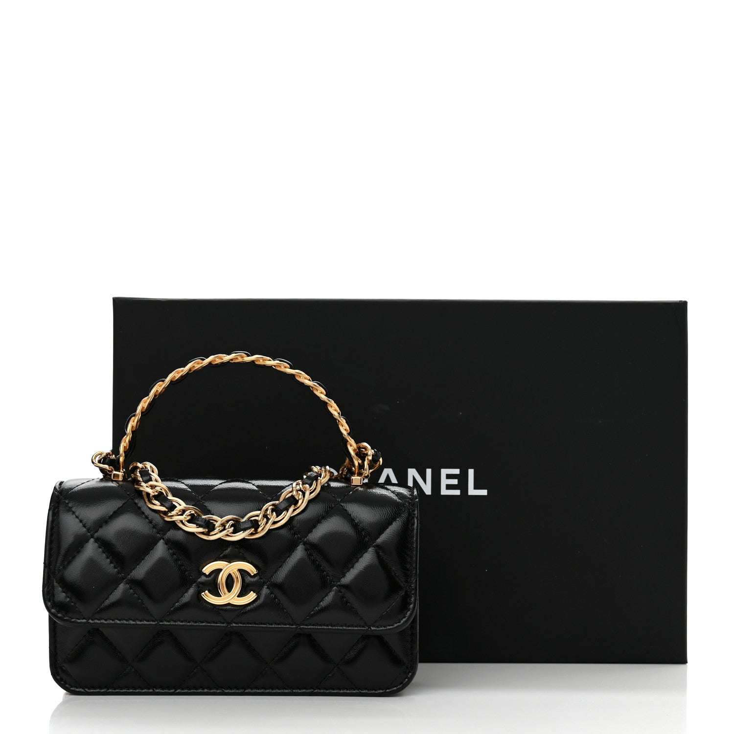 Chanel Shiny Lambskin Quilted Golden Links Top Handle Phone Holder With Chain Black 12 of 12