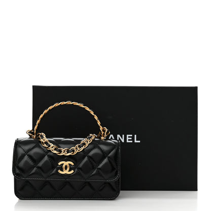 Chanel Shiny Lambskin Quilted Golden Links Top Handle Phone Holder With Chain Black 12 of 12