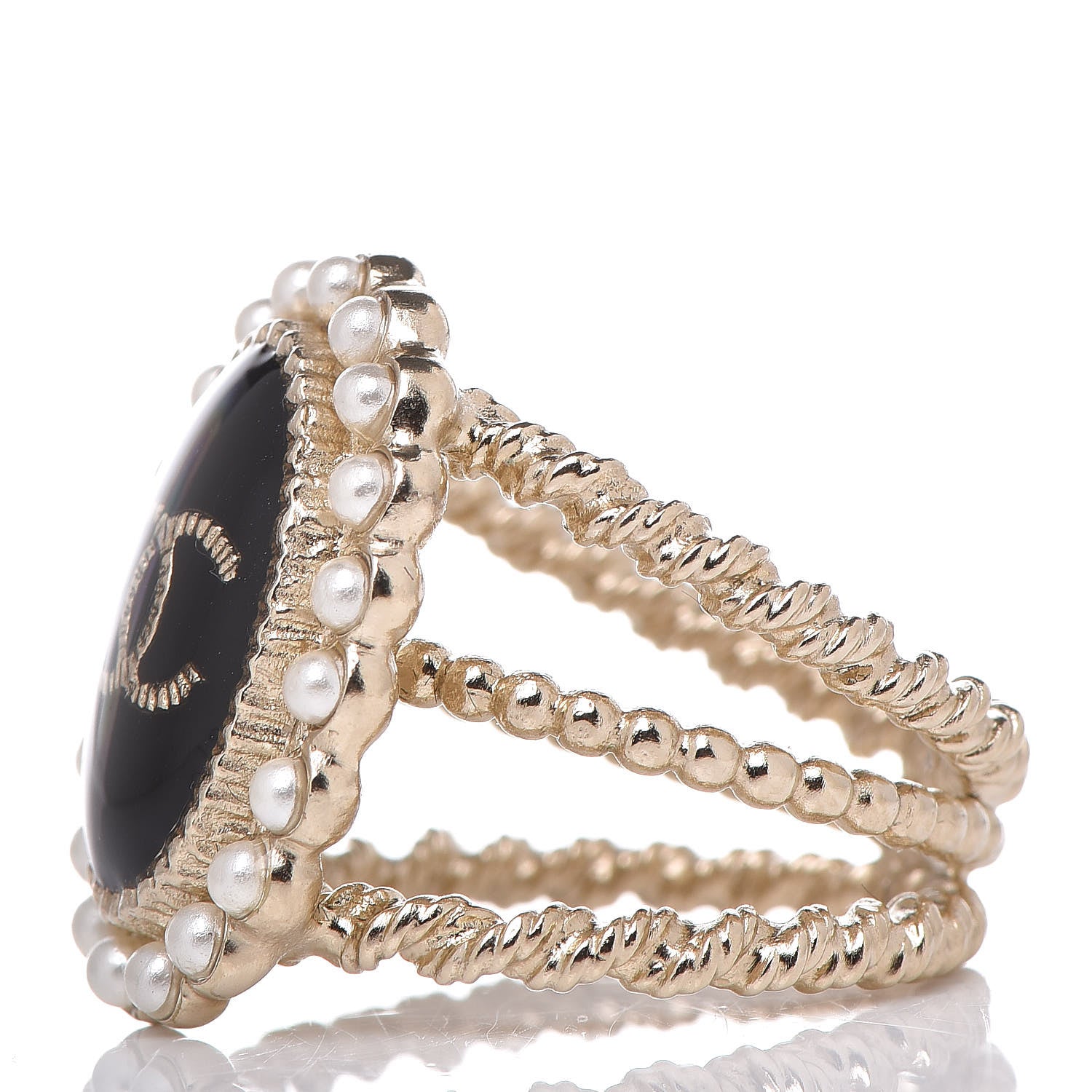 Chanel Enamel Pearl CC Ring 6.5 Black Gold 3 of 6