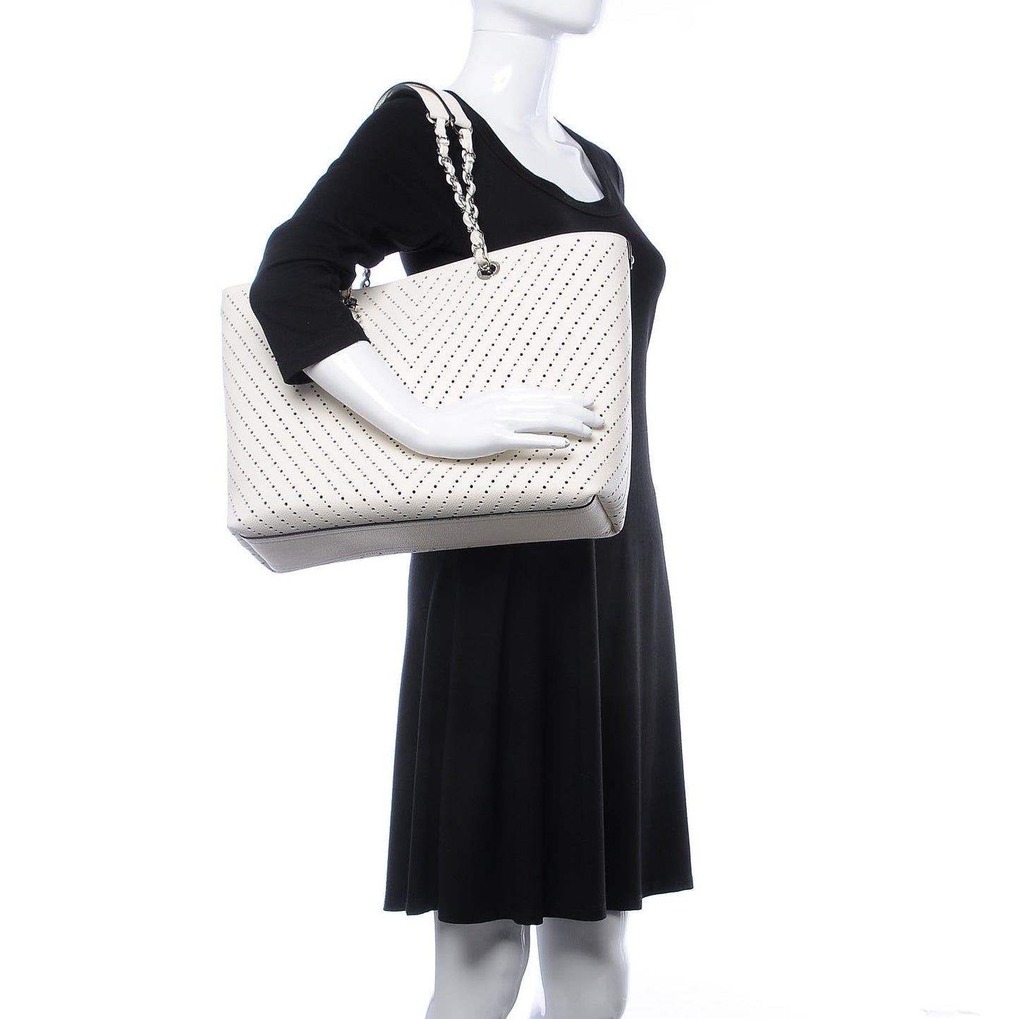 Perforated Grained Calfskin Large Shopping Tote White
