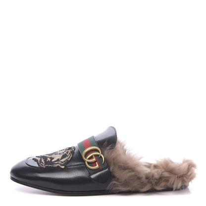 Gucci Goatskin Fur Web GG Tiger Embroidered Mens Princetown Slippers 8 Black 1 of 9