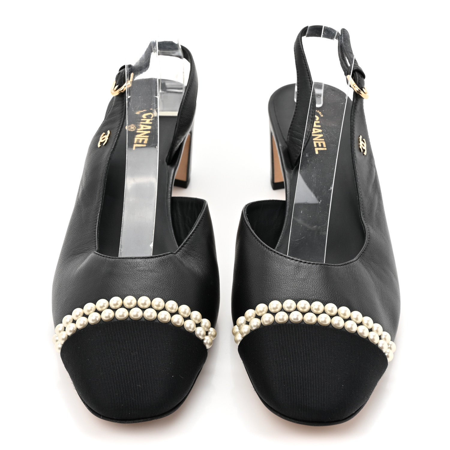 Chanel Lambskin Grosgrain Pearl Cap Toe CC Slingback Pumps 41 Black 2 of 11