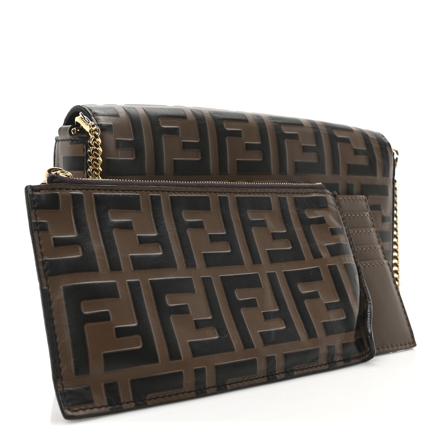 Vitello Soft F is Fendi Bi-Color FF 1974 Embossed Envelope Wallet On Chain with Pouches Maya Black