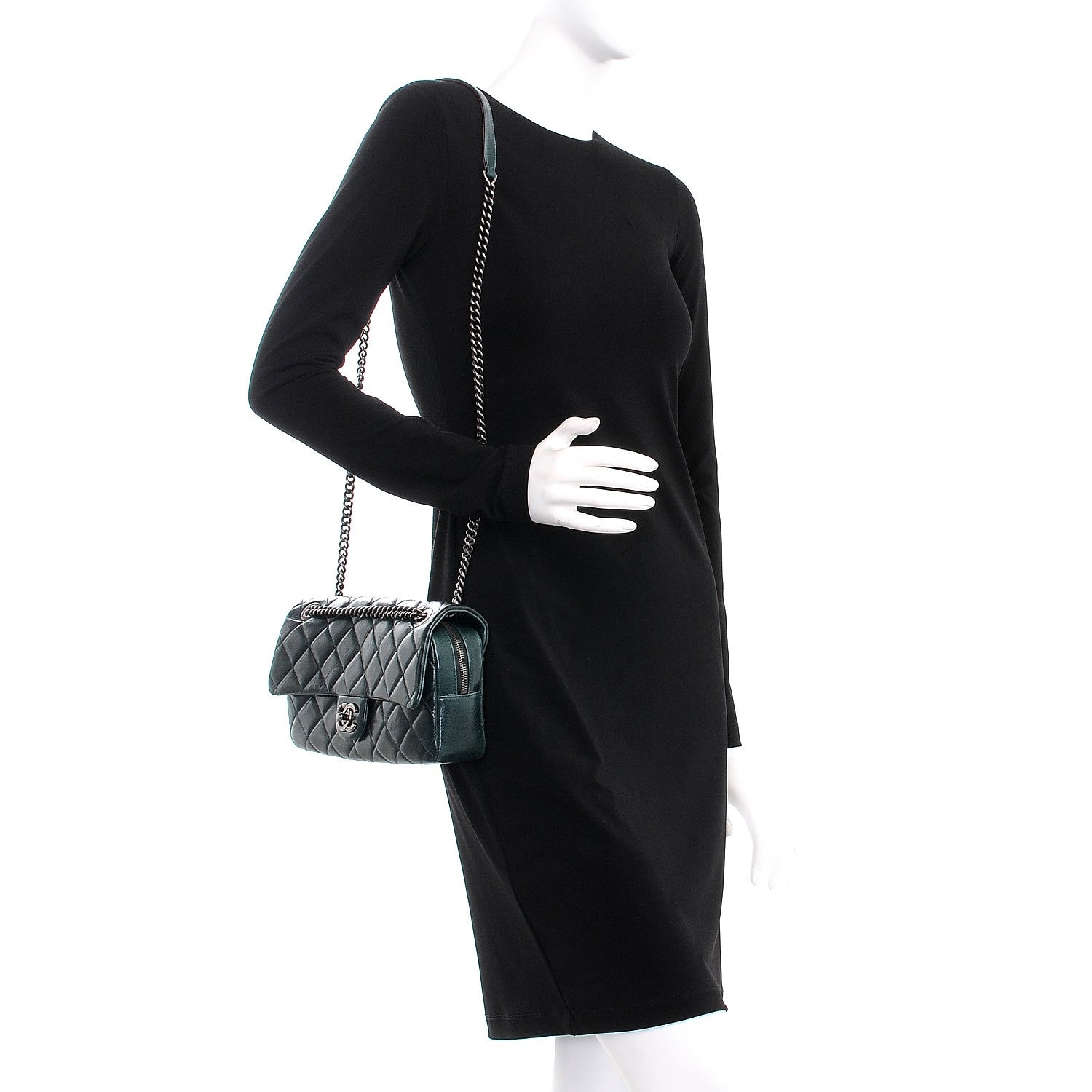 Chanel Glazed Calfskin Quilted Medium Duo Color Flap Dark Green 2 of 11