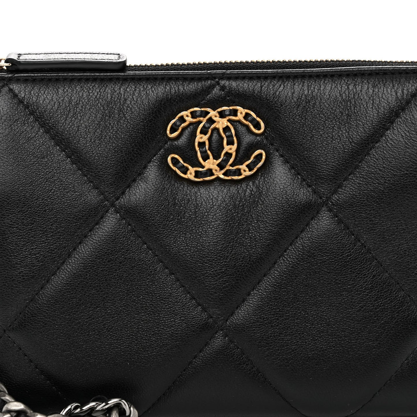Shiny Goatskin Quilted Small Chanel 19 Pouch With Handle Black