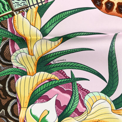 Hermes Silk La Marche Du Zambeze Scarf 90 Rose Pale Vert Jaune 5 of 6