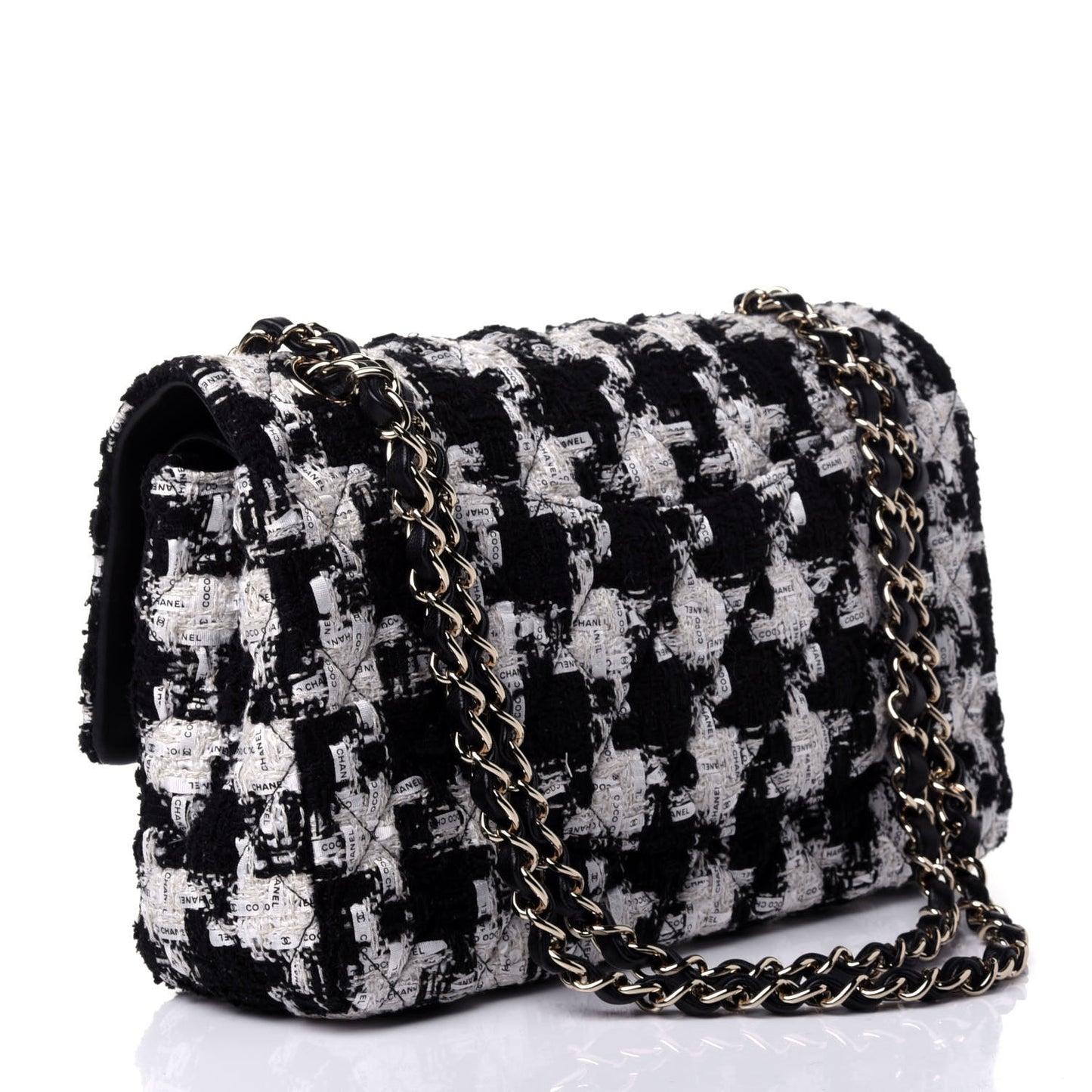 Tweed Quilted Medium Double Flap Black Ecru White