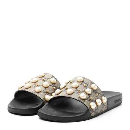 Gucci GG Supreme Monogram Pearls Slide Sandals 38 Beige 3 of 9