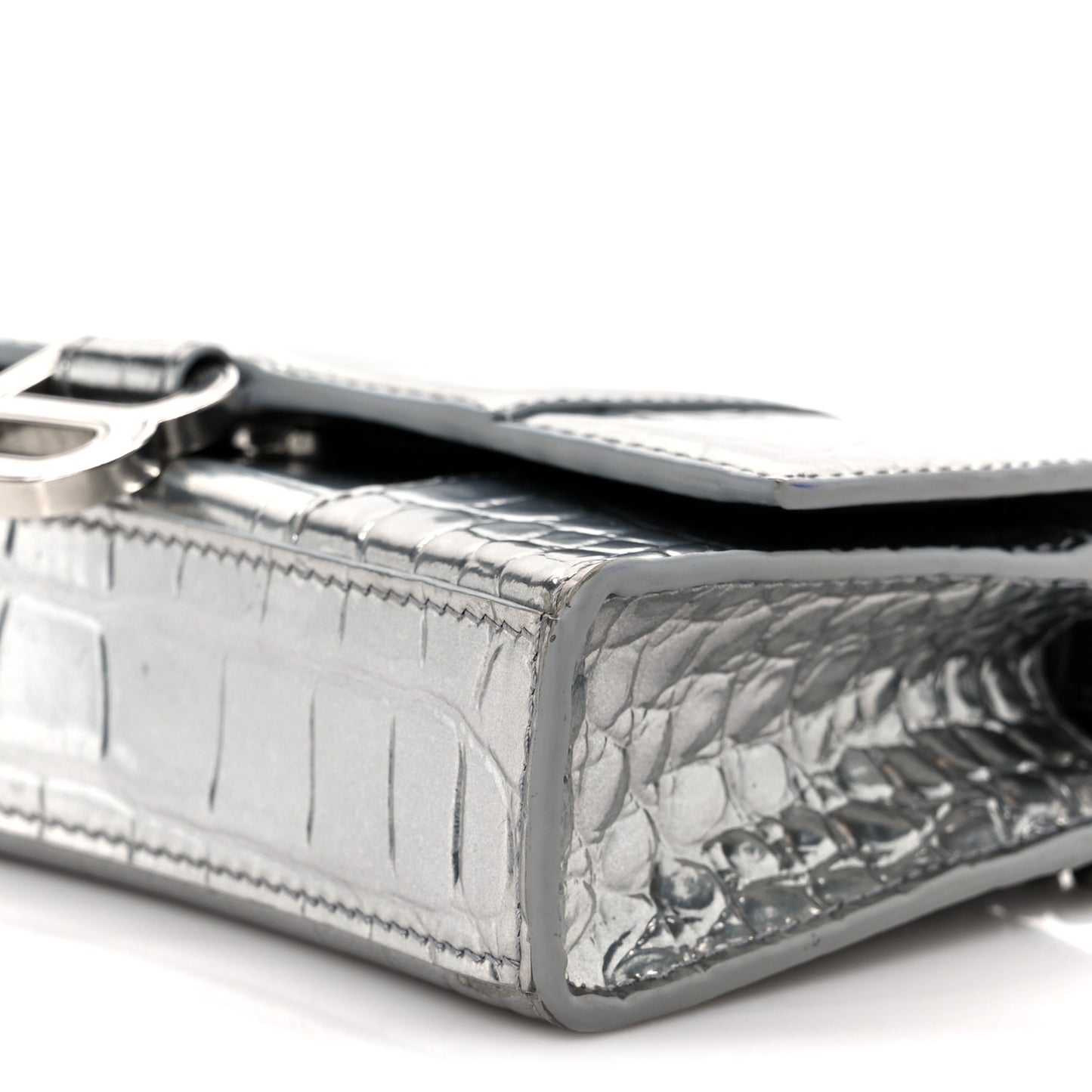 Shiny Calfskin Crocodile Embossed Hourglass Chain Bag Silver