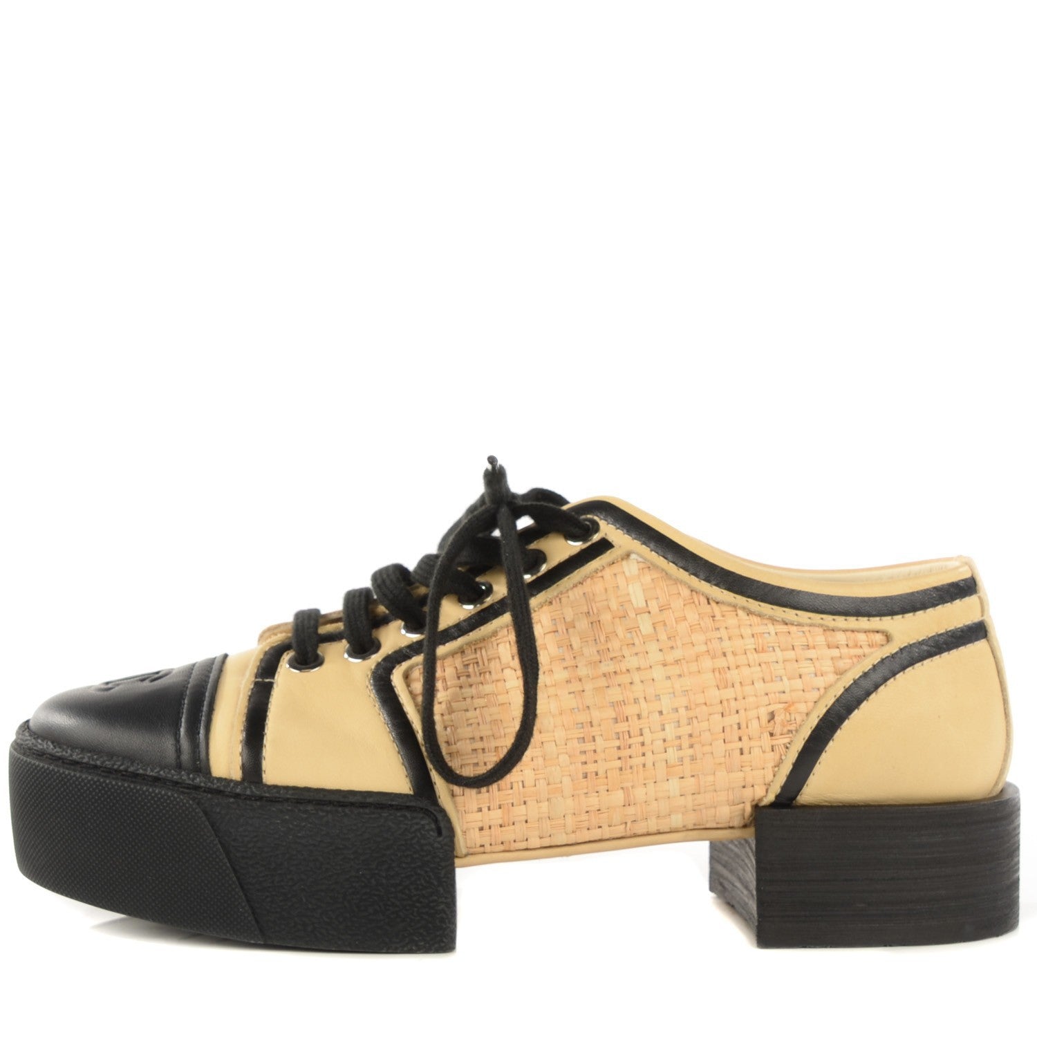 Chanel Straw Calfskin Sneakers 37.5 Beige Black 1 of 8