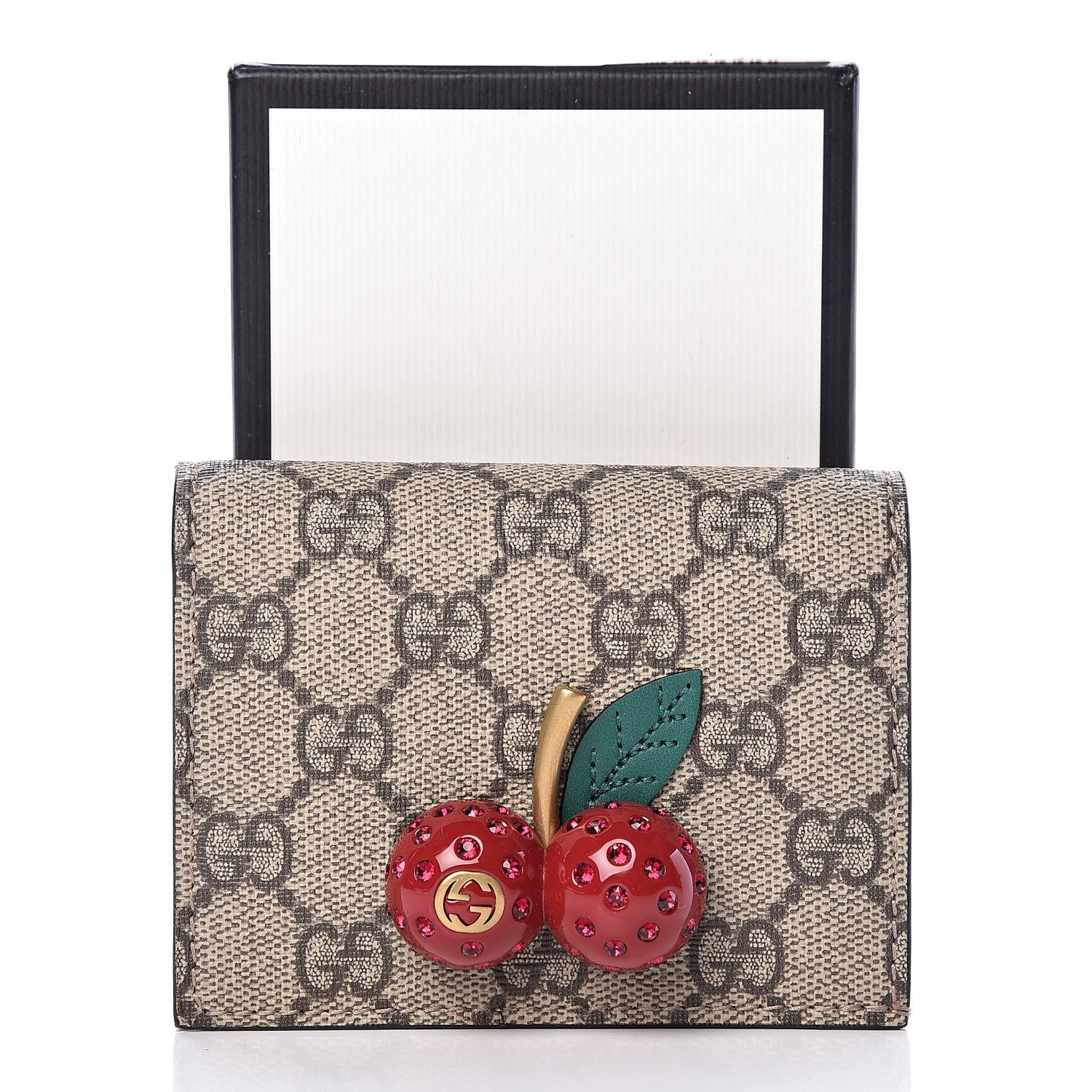Gucci GG Supreme Monogram Cherry Embellished Card Case Wallet Hibiscus Red 8 of 8