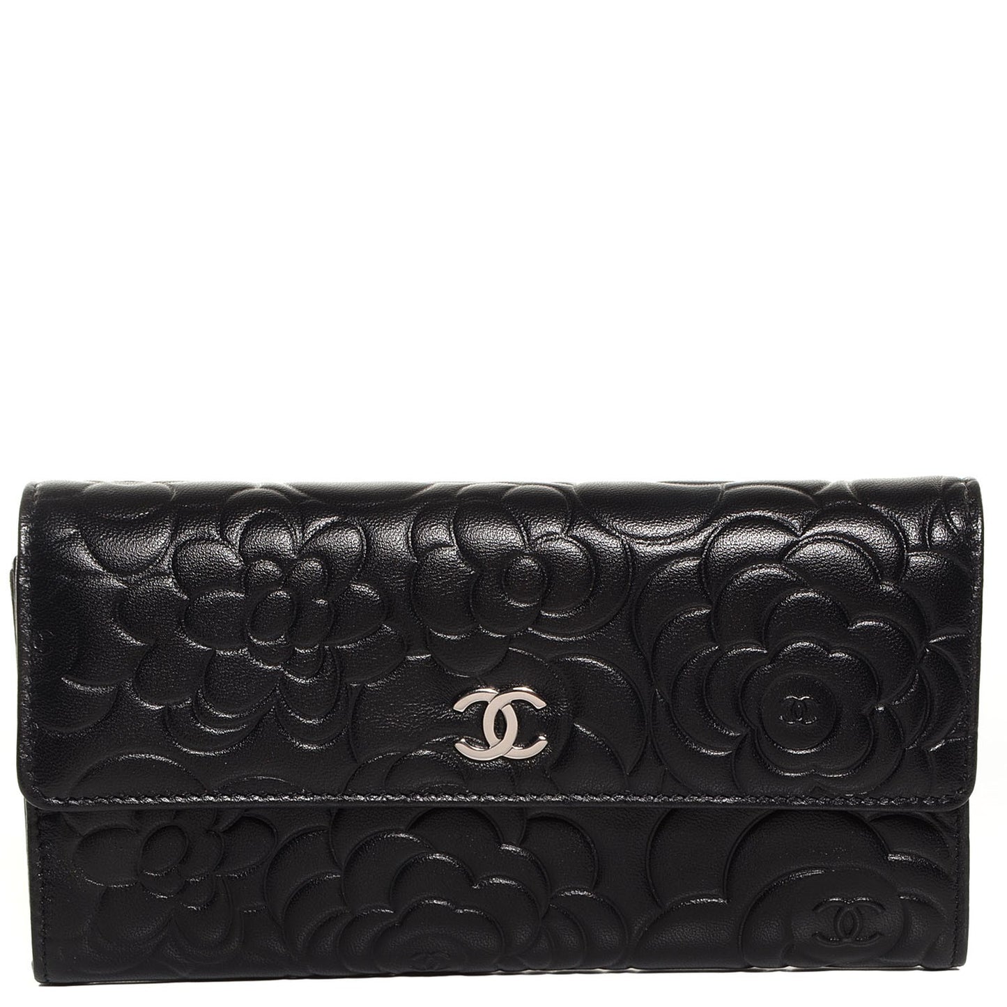 Lambskin Embossed Camellia Large Gusset Flap Wallet Black