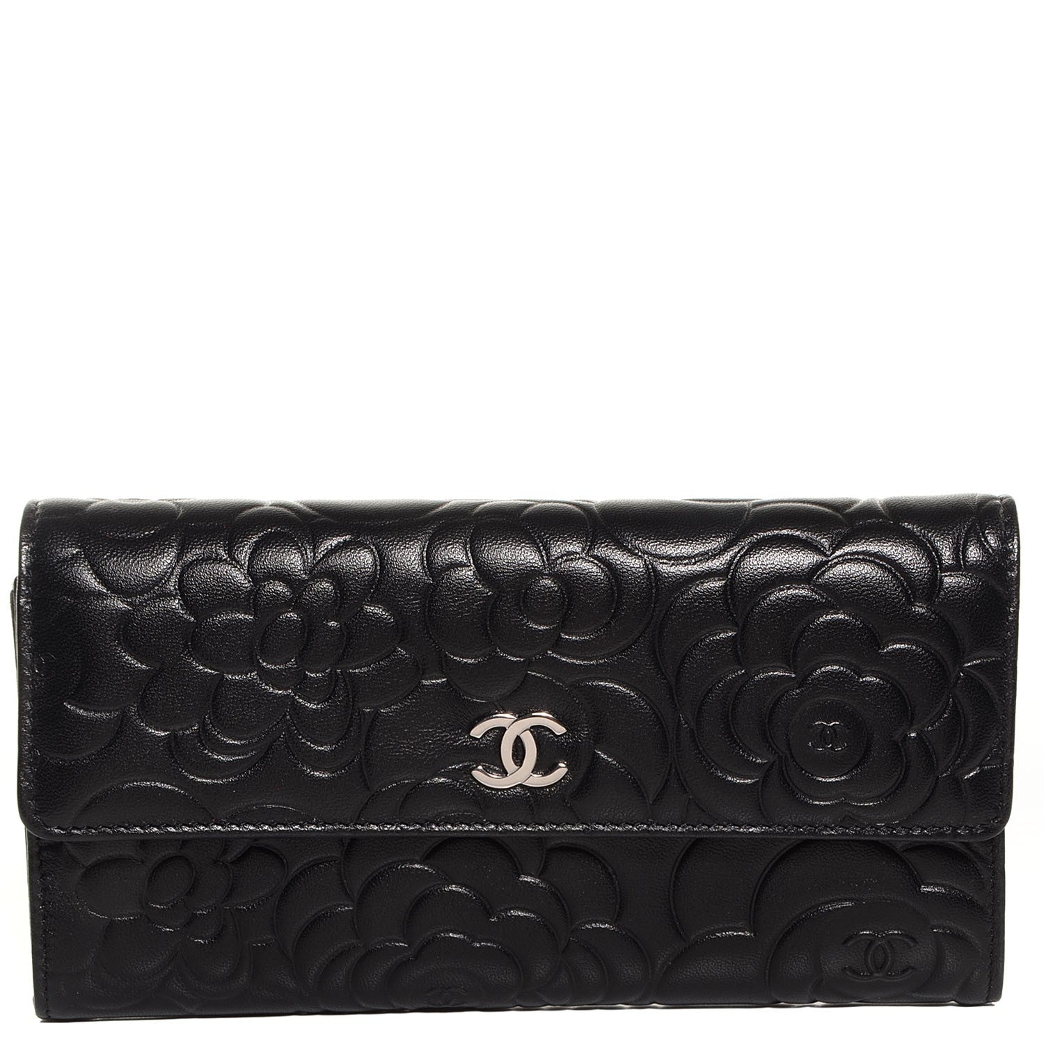 Chanel Lambskin Embossed Camellia Large Gusset Flap Wallet Black 1 of 9