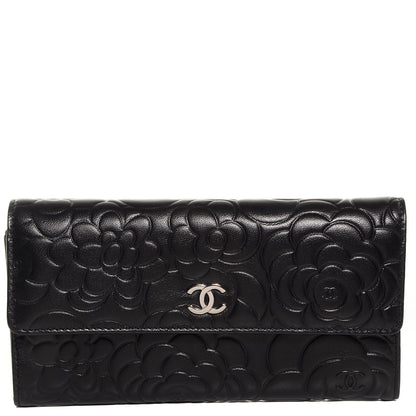 Chanel Lambskin Embossed Camellia Large Gusset Flap Wallet Black 1 of 9
