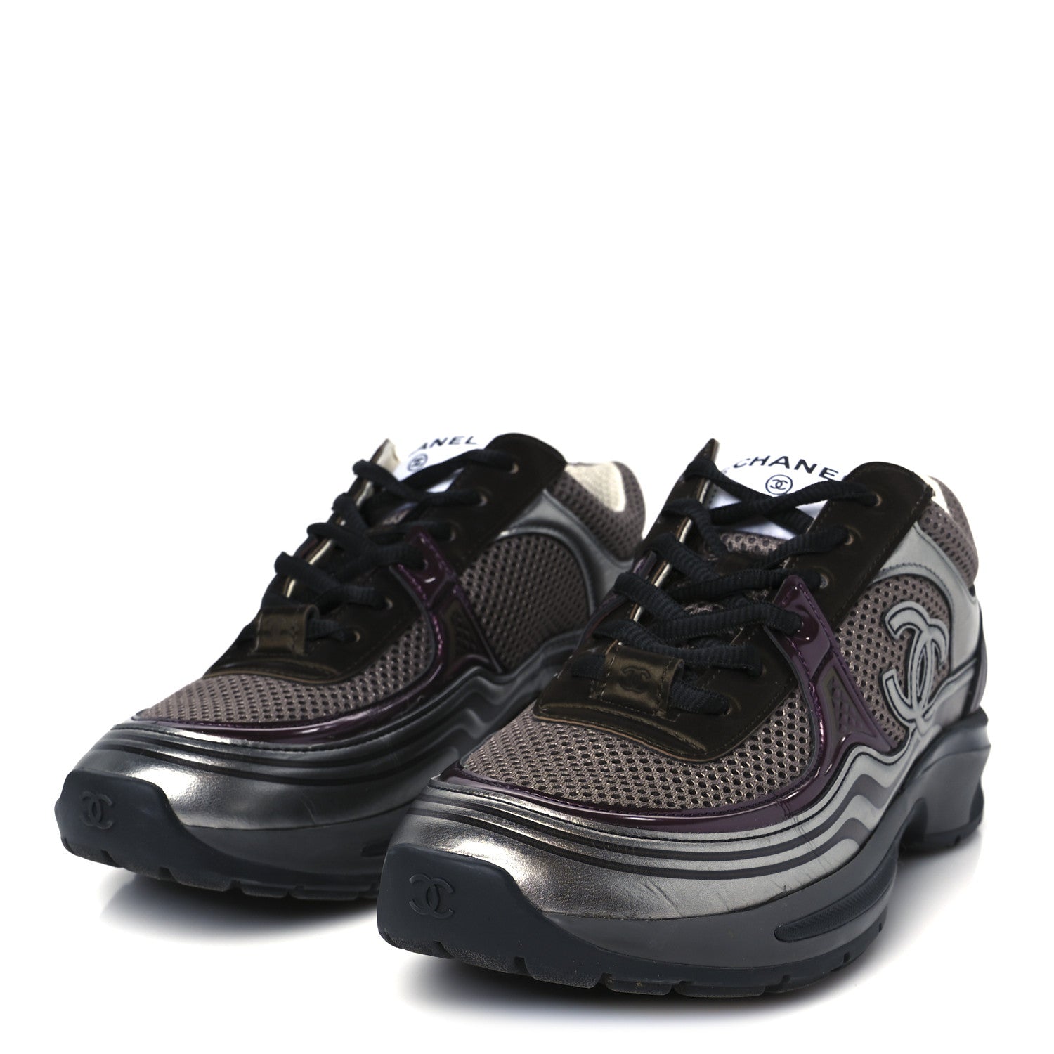 Chanel Fabric Laminated Calfskin Stretch CC Womens Sneakers 37 Khaki Silver Dark Purple 4 of 10