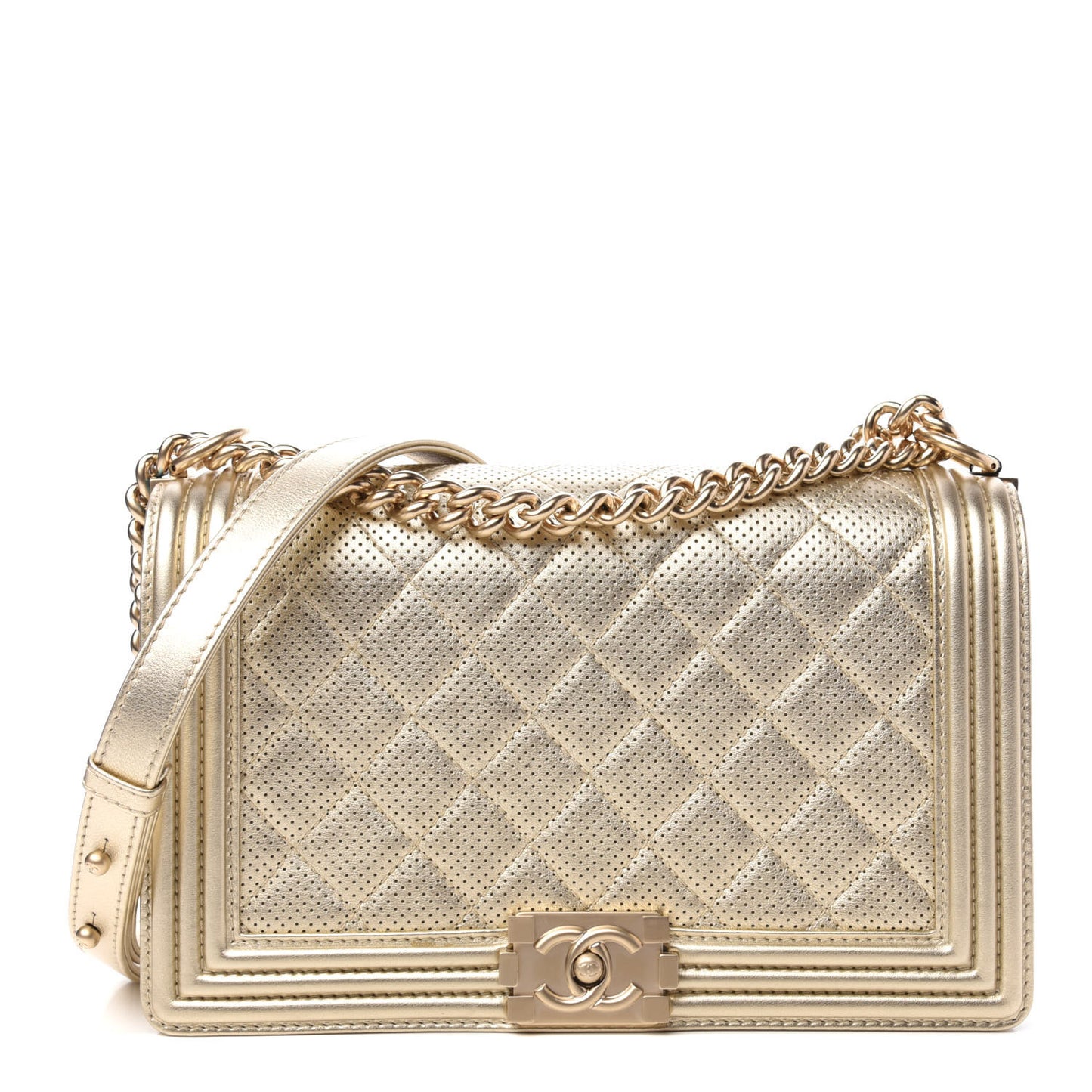 Lambskin Perforated Quilted New Medium Boy Flap Gold