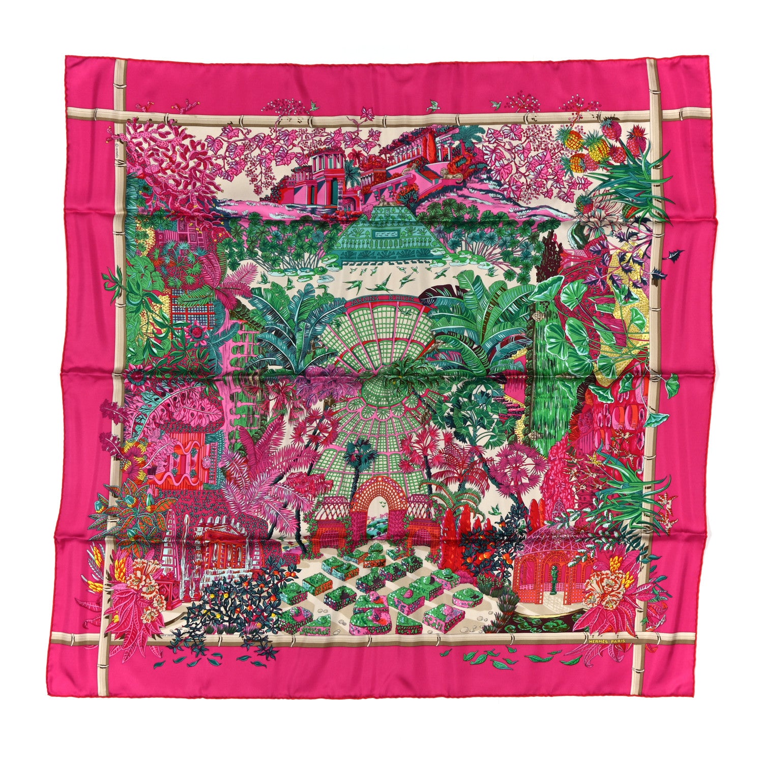 Hermes Silk Jardins D Hiver Scarf 90 Rose Vif Vert Creme 1 of 5