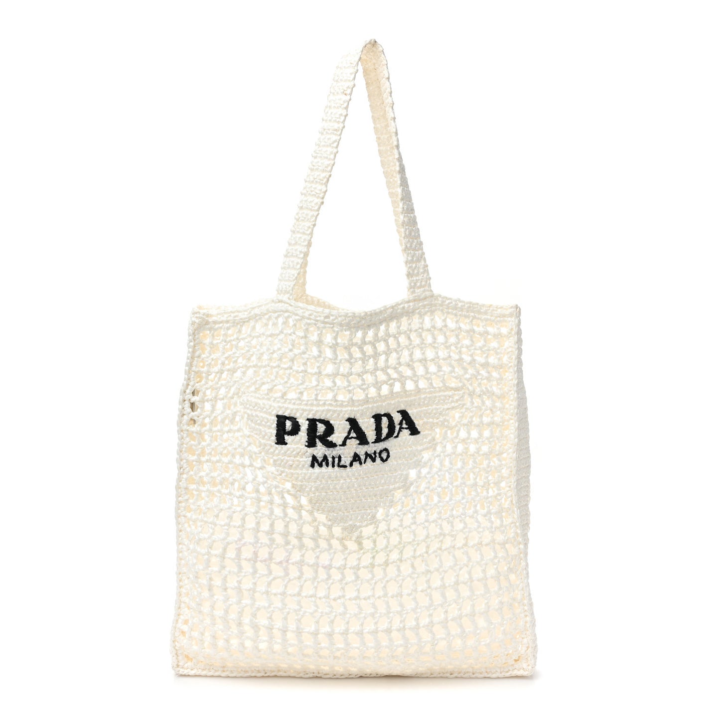 Yarn Raffia Effect Crochet Logo Embroidered Tote Bag White