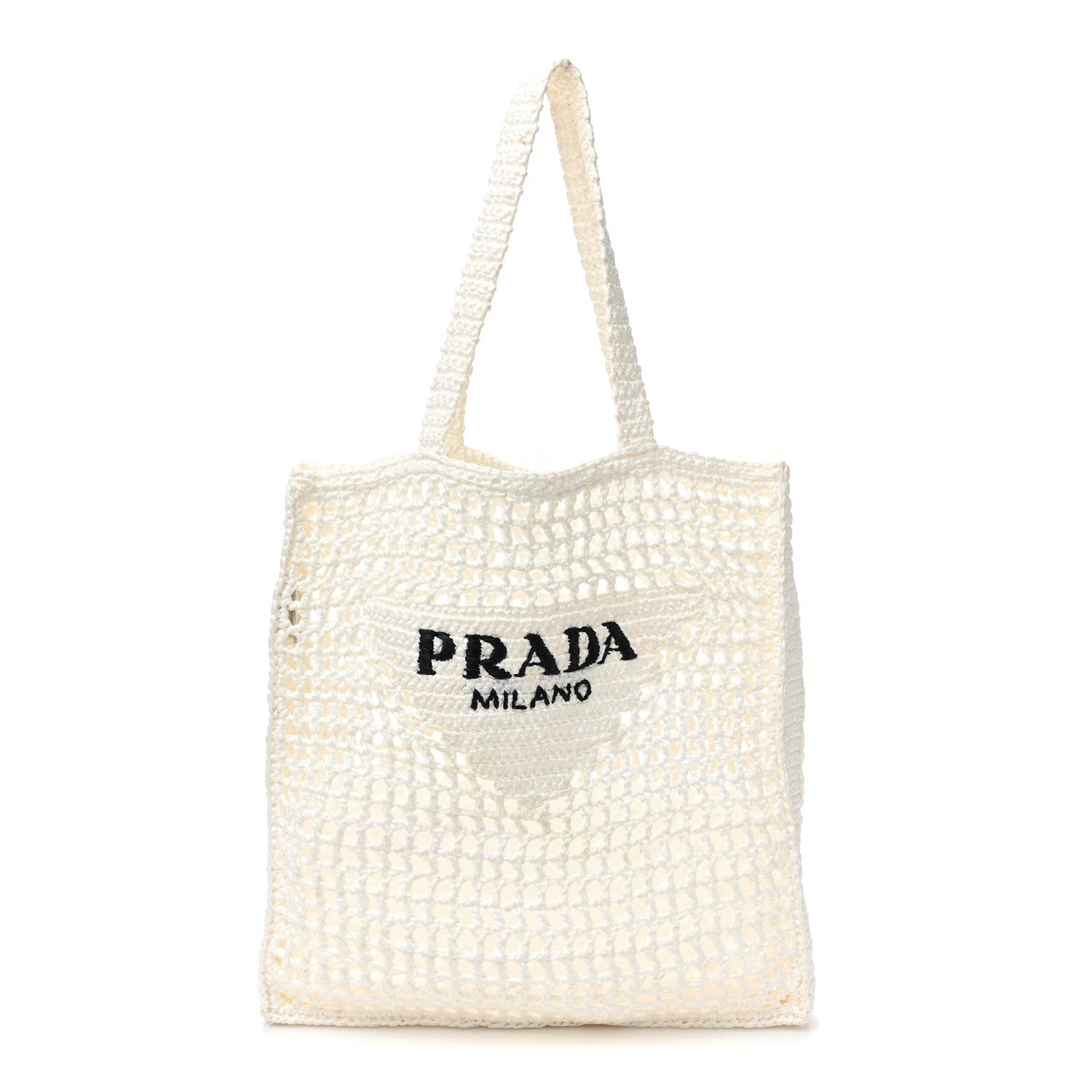 Prada Yarn Raffia Effect Crochet Logo Embroidered Tote Bag White 1 of 12