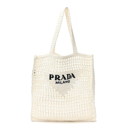 Prada Yarn Raffia Effect Crochet Logo Embroidered Tote Bag White 1 of 12