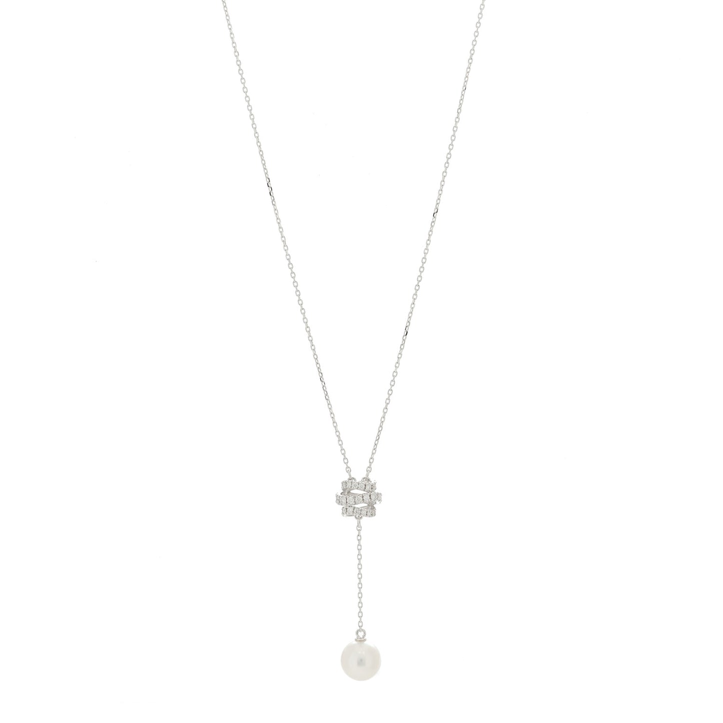 18K White Gold Diamond Akoya Pearl 7.5-8mm Lariat Necklace