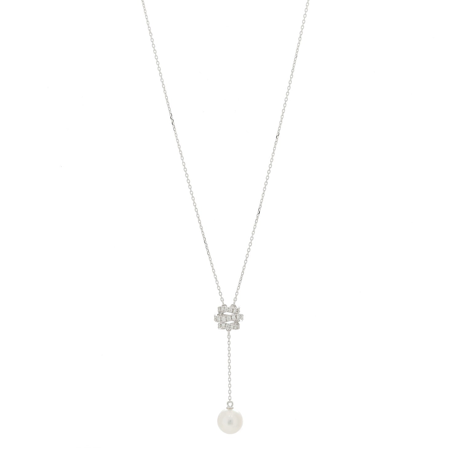Mikimoto 18K White Gold Diamond Akoya Pearl 7.5-8mm Lariat Necklace 1 of 7
