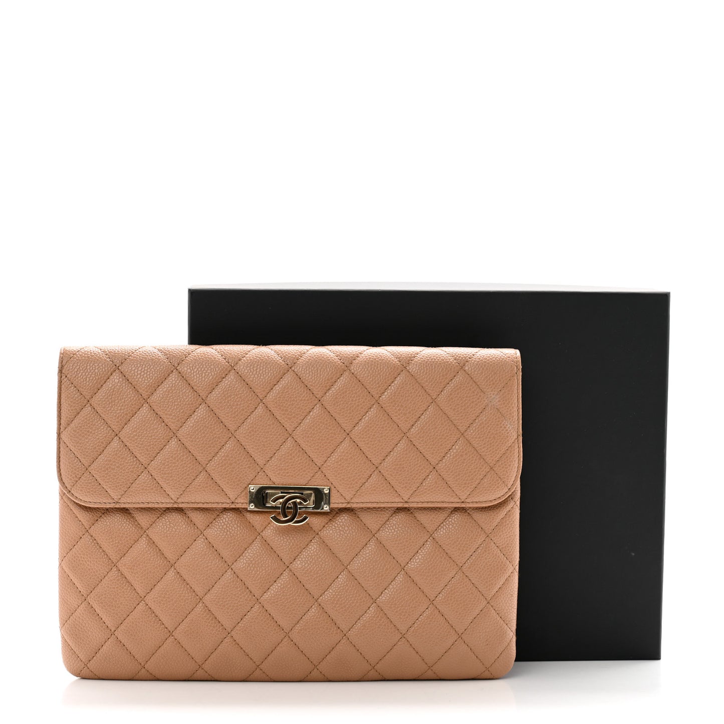 Caviar Quilted Medium Golden Class Pouch Beige
