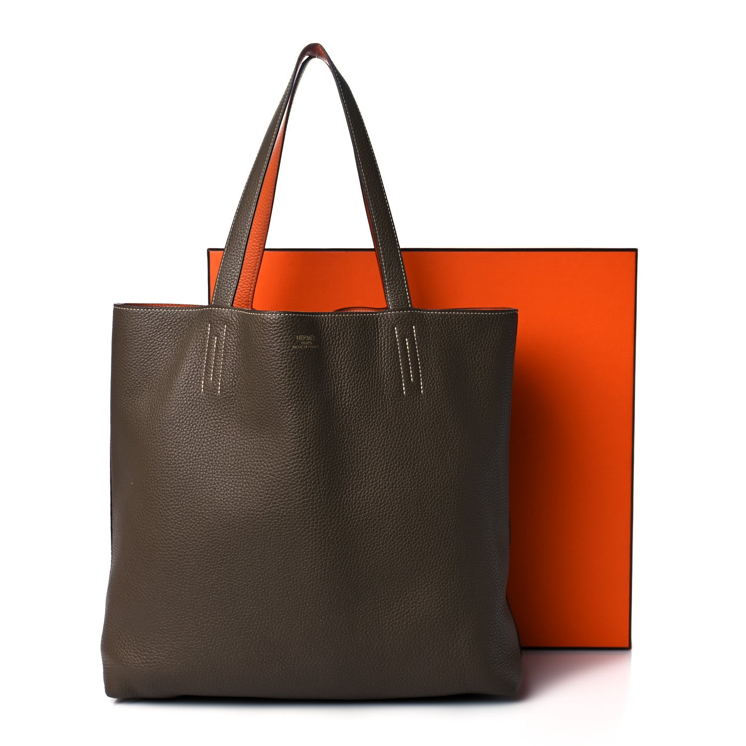Hermes Taurillon Clemence Double Sens 36 Reversible Tote Etoupe Orange 21 of 21