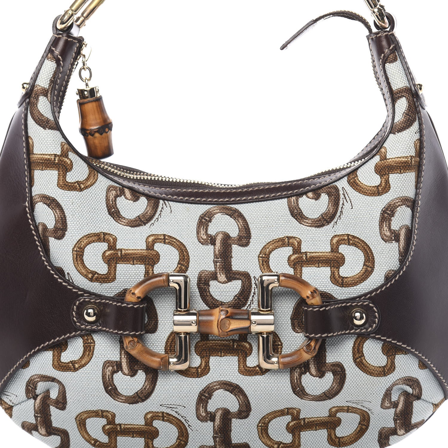 Gucci Canvas Bamboo Horsebit Print Amalfi Hobo Dark Brown 10 of 11