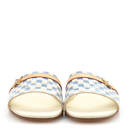 Louis Vuitton Damier Azur Patent Neo Revival Flat Mule Sandals 40 Blanc Bleu 3 of 11