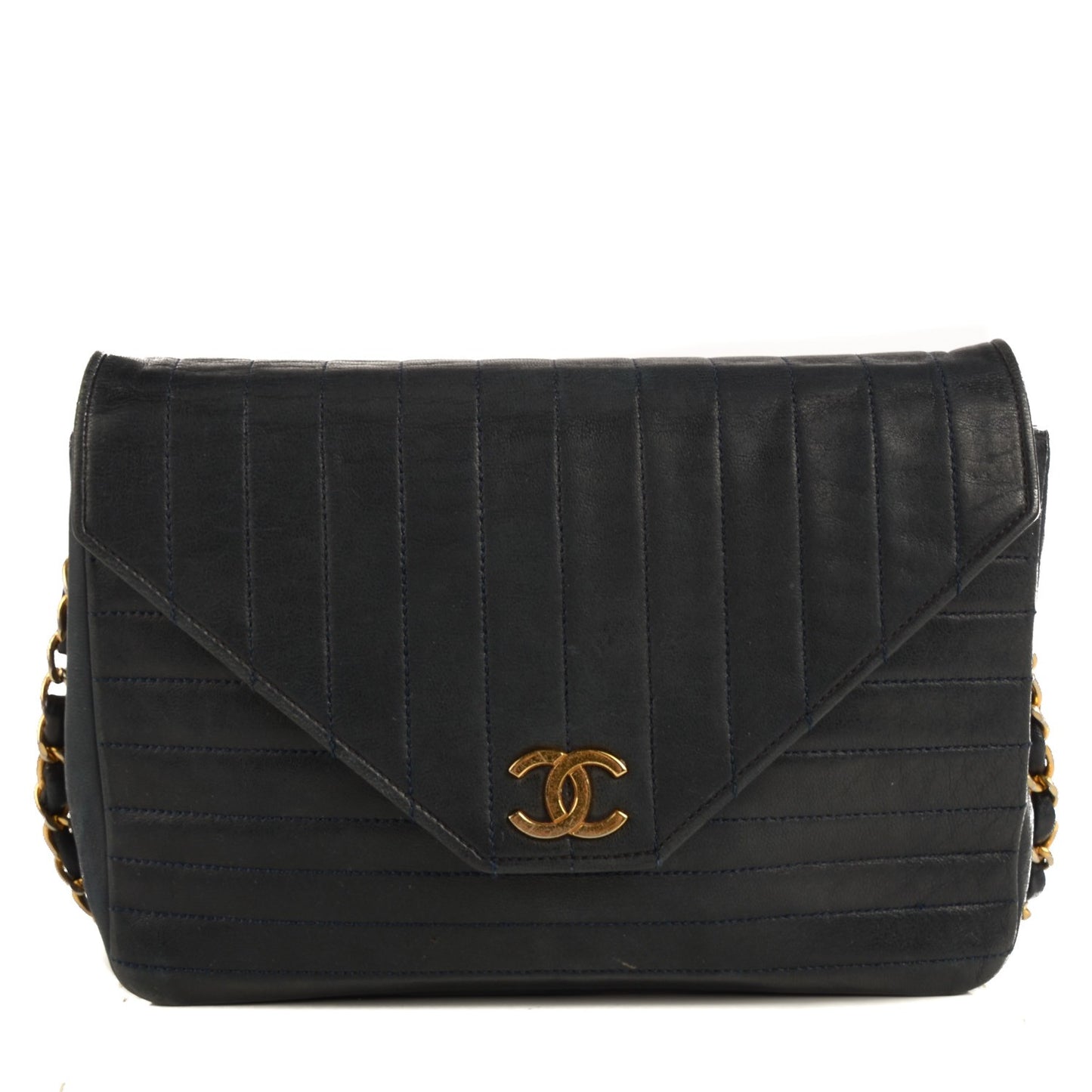 Lambskin Vertical Quilted Small Single Flap Navy Blue