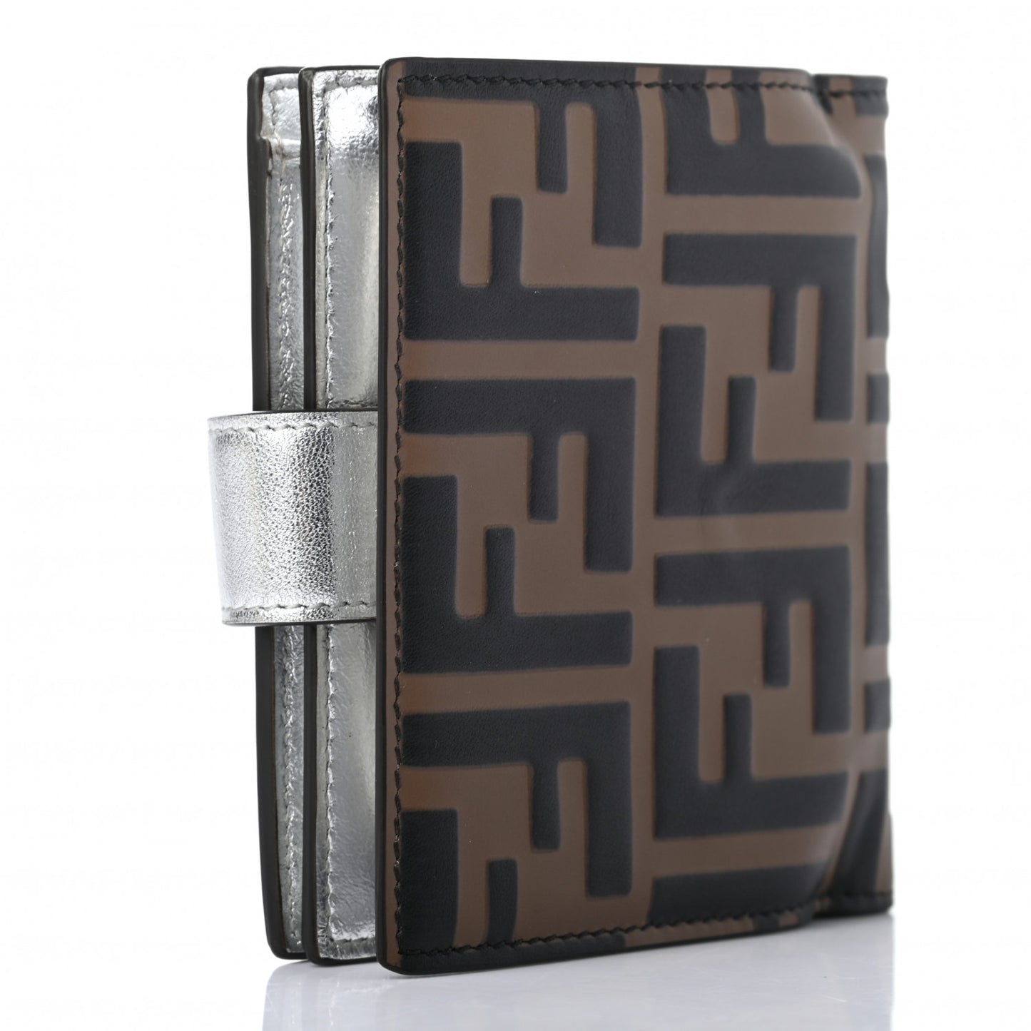 Vitello Soft Catalan Mirror F is Fendi Bi-Color FF 1974 Embossed Compact Wallet Maya Black Argento