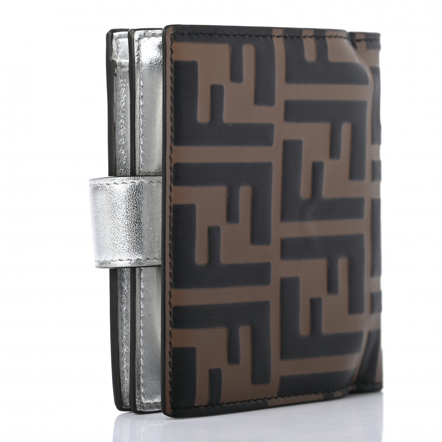 Fendi Vitello Soft Catalan Mirror F is Fendi Bi-Color FF 1974 Embossed Compact Wallet Maya Black Argento 3 of 7