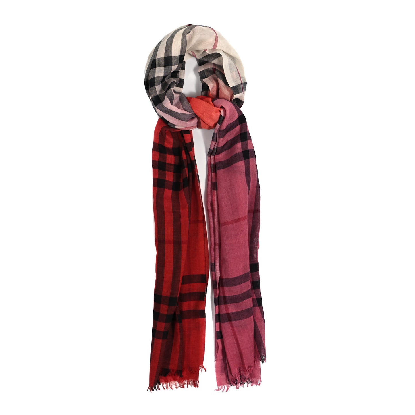 Wool Silk Gauze Ombre Giant Check Scarf Coral Pink