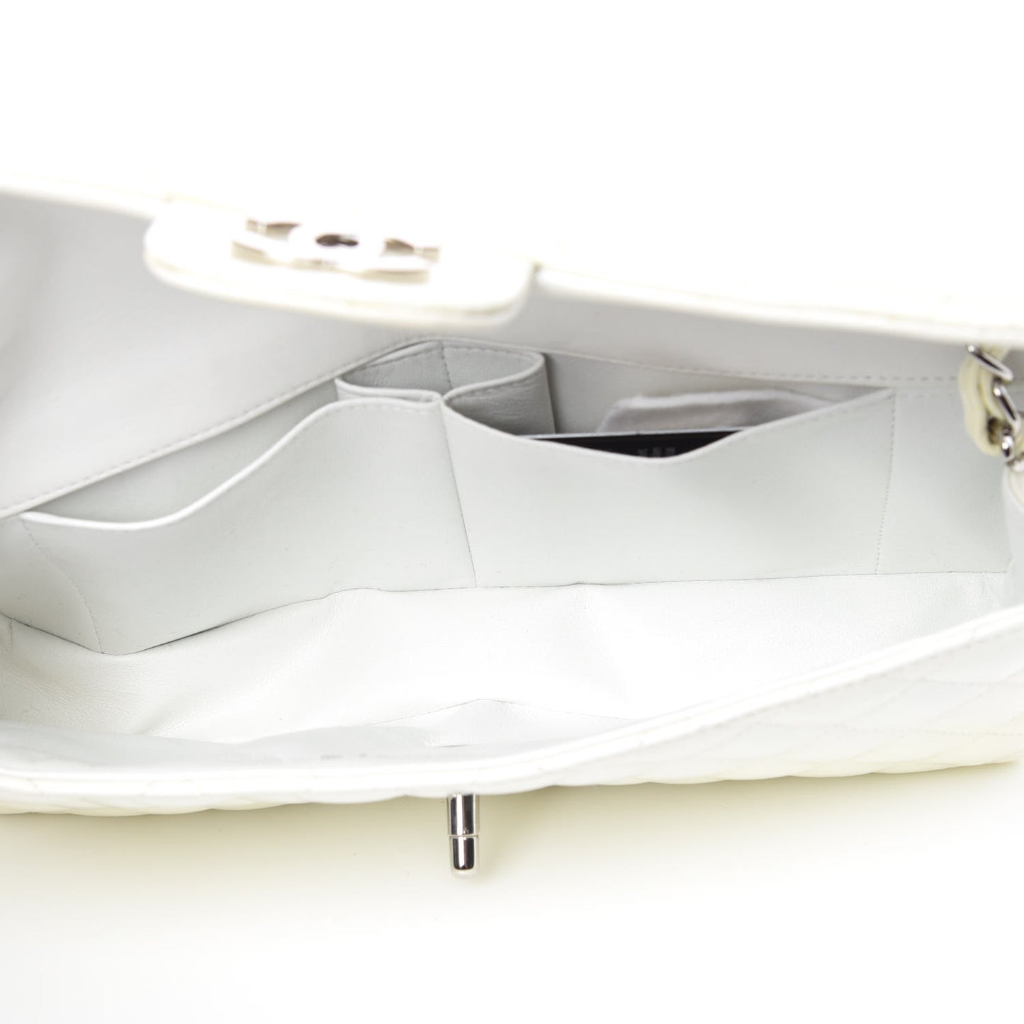 Distressed Patent Calfskin Quilted East West Flap White