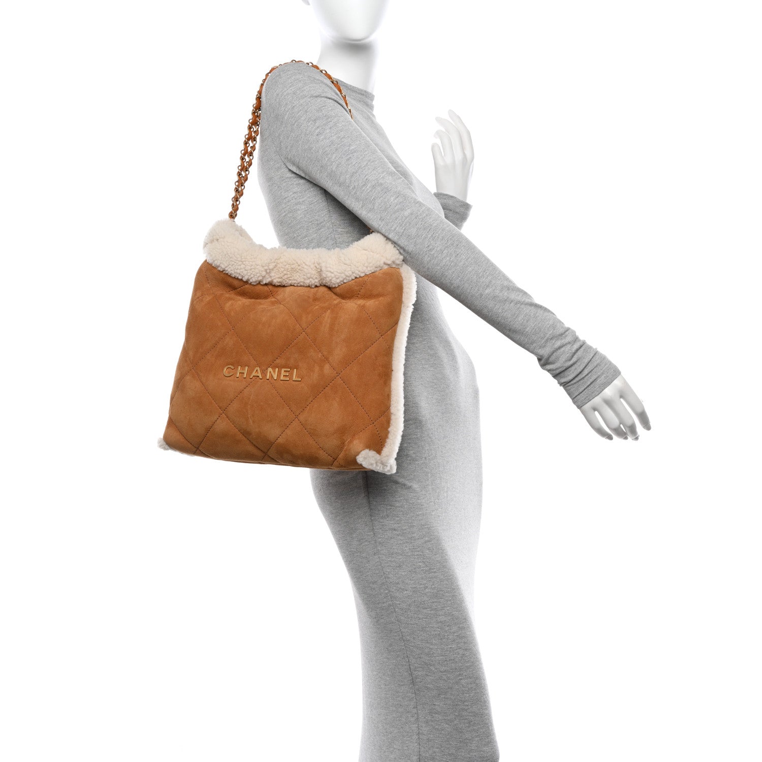 Chanel Suede Shearling Quilted Small Chanel 22 Brown White 2 of 13