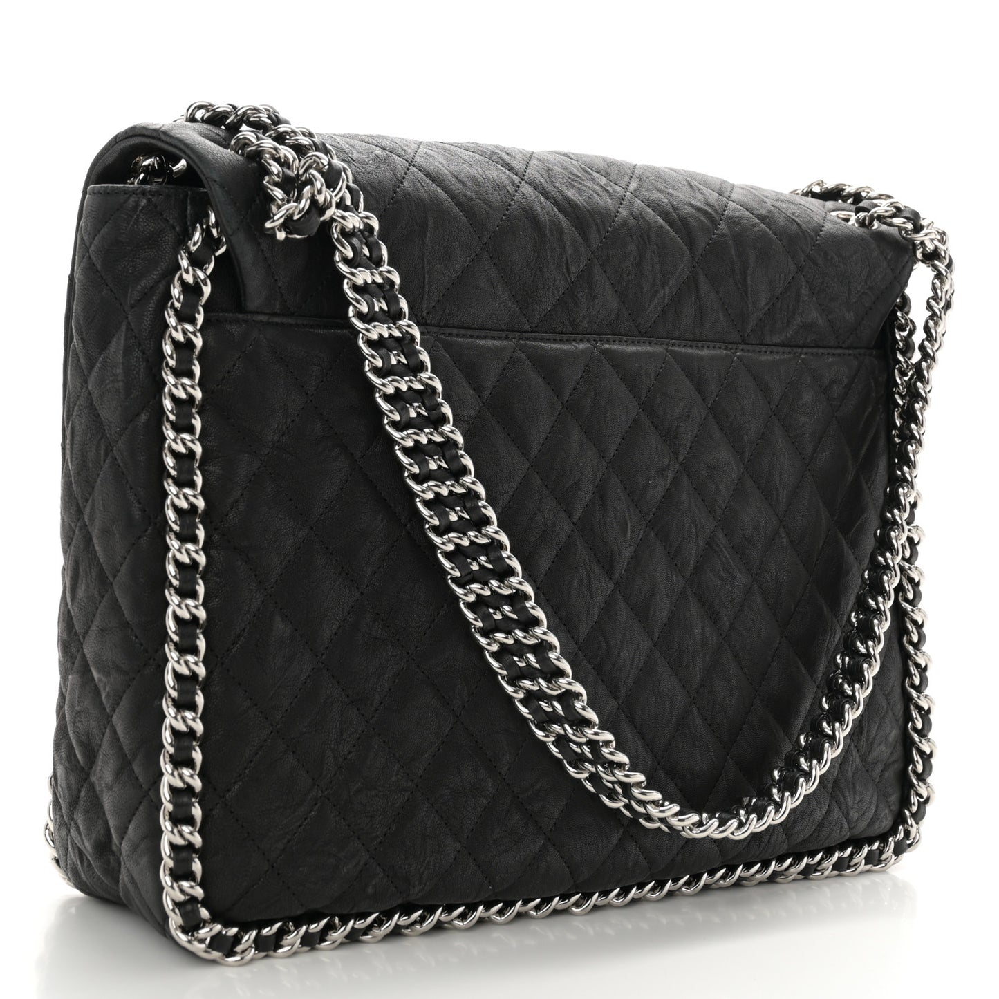 Washed Lambskin Quilted Maxi Chain Around Flap Black