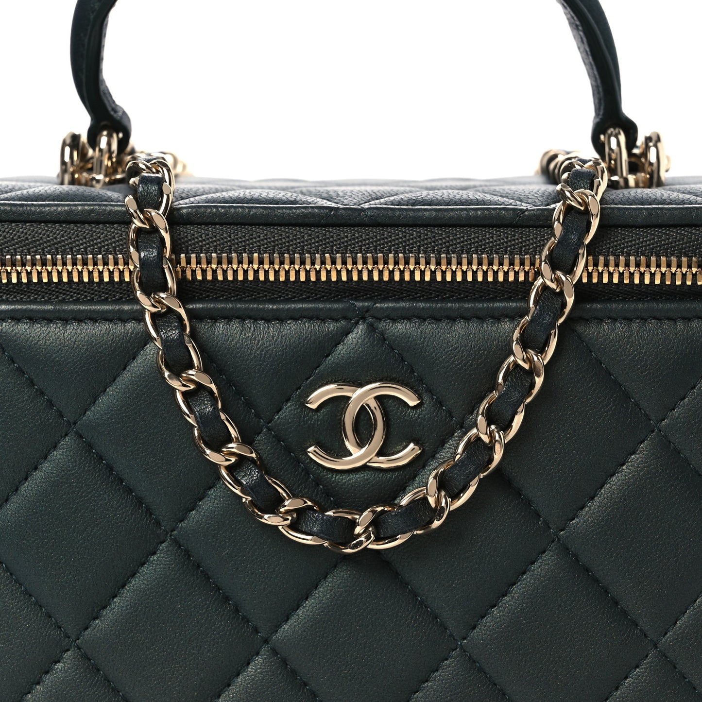 Iridescent Lambskin Quilted Small Top Handle Vanity Case With Chain Green