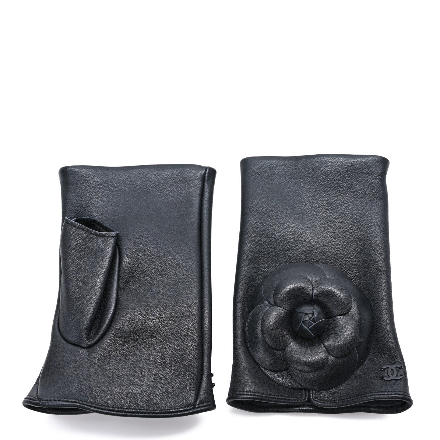 Lambskin Camellia Fingerless Gloves 8 Black