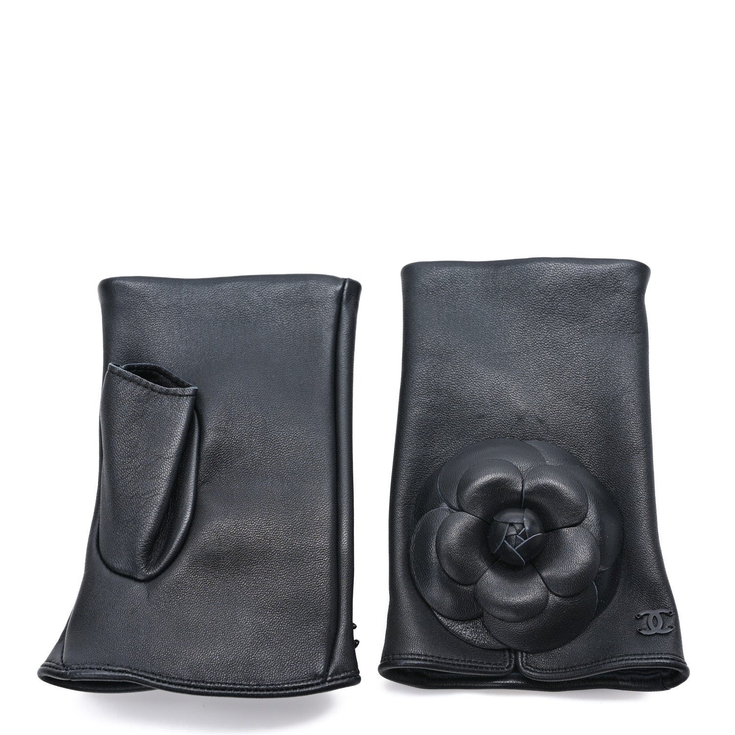 Chanel Lambskin Camellia Fingerless Gloves 8 Black 2 of 5
