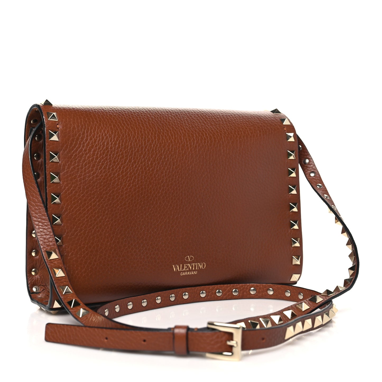 Pebbled Calfskin Medium Rockstud Flip Lock Crossbody Bag Saddle Brown