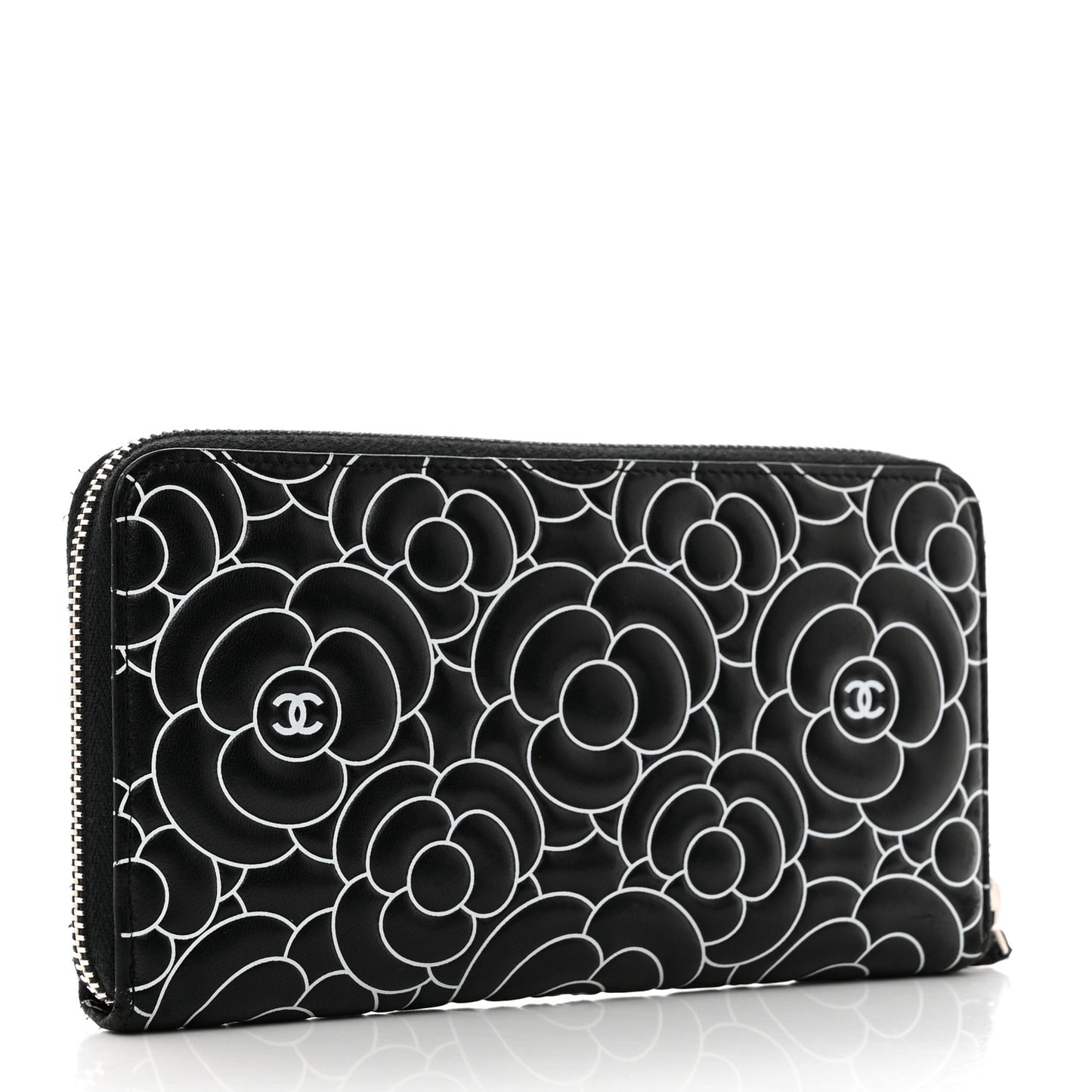 Lambskin Camellia Embossed Large Zip Around Gusset Wallet Black White