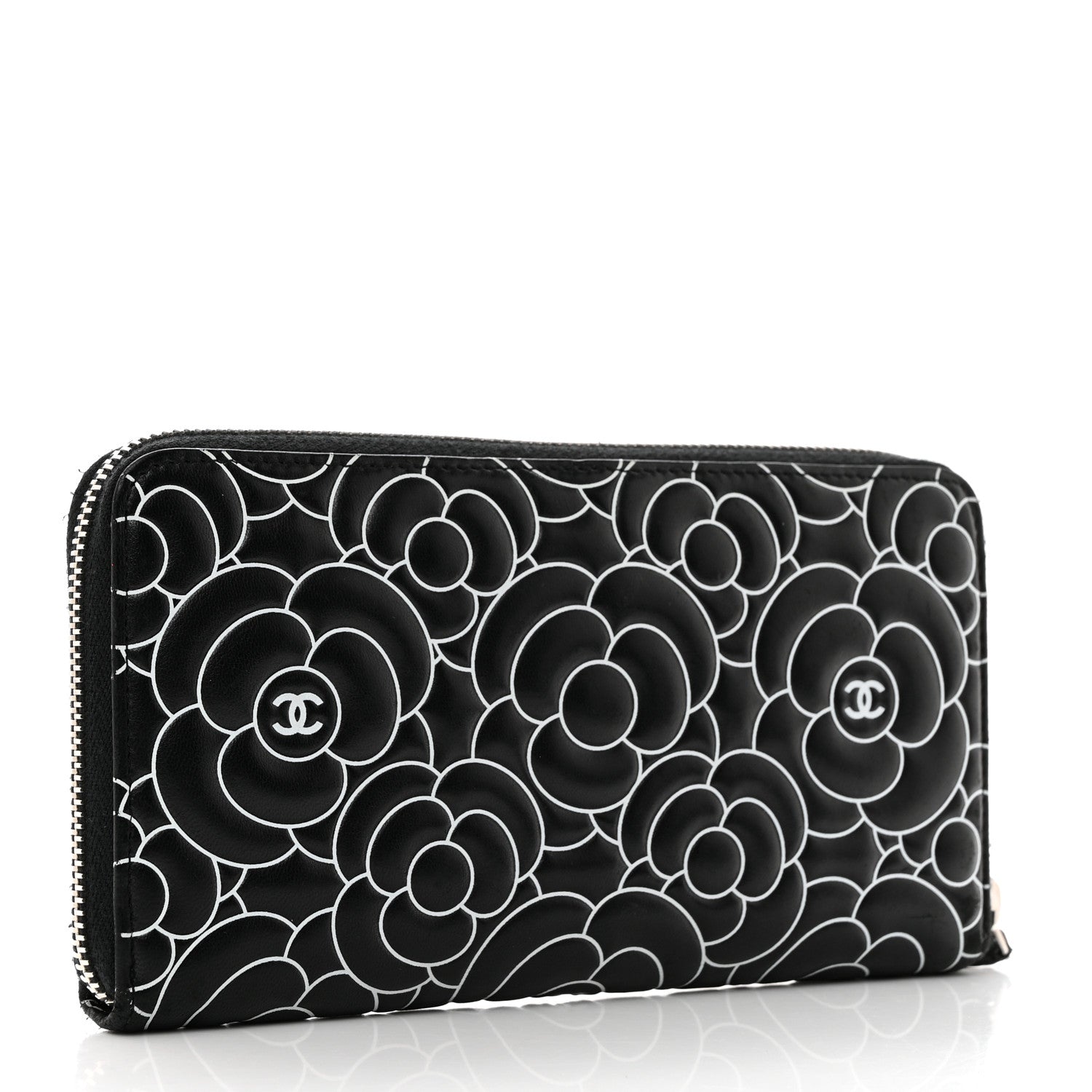 Chanel Lambskin Camellia Embossed Large Zip Around Gusset Wallet Black White 4 of 11