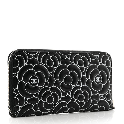 Chanel Lambskin Camellia Embossed Large Zip Around Gusset Wallet Black White 4 of 11