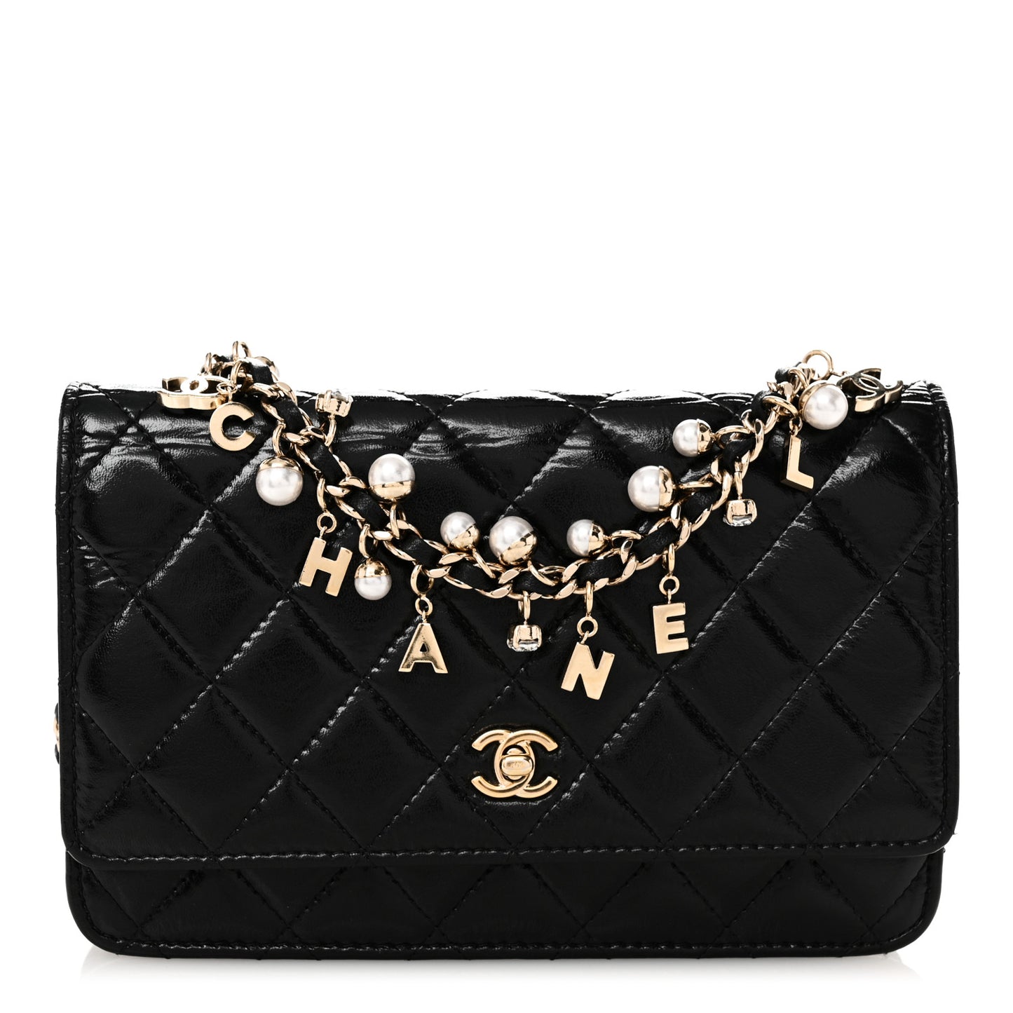 Shiny Calfskin Quilted Pearl Charms Wallet On Chain WOC Black
